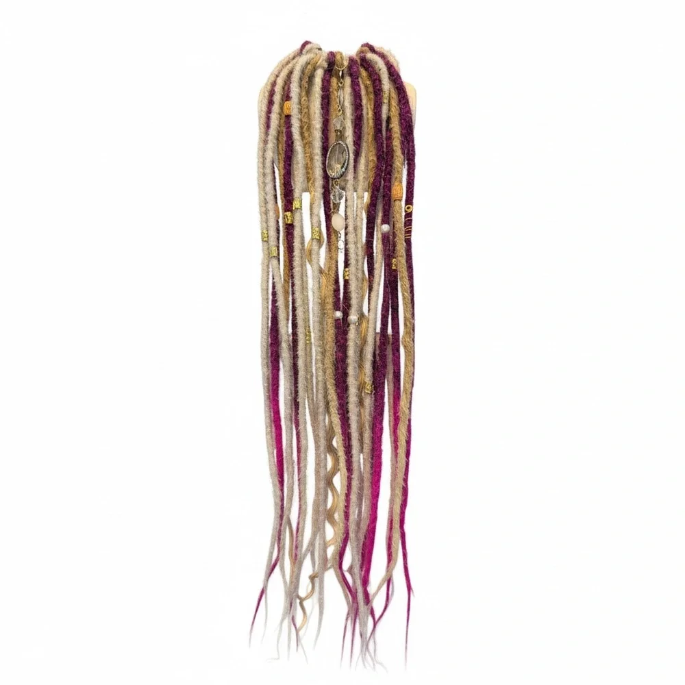 Handmade Boho Dreadlock Extension Piece in Beige and Magenta - Picture 2 of 3